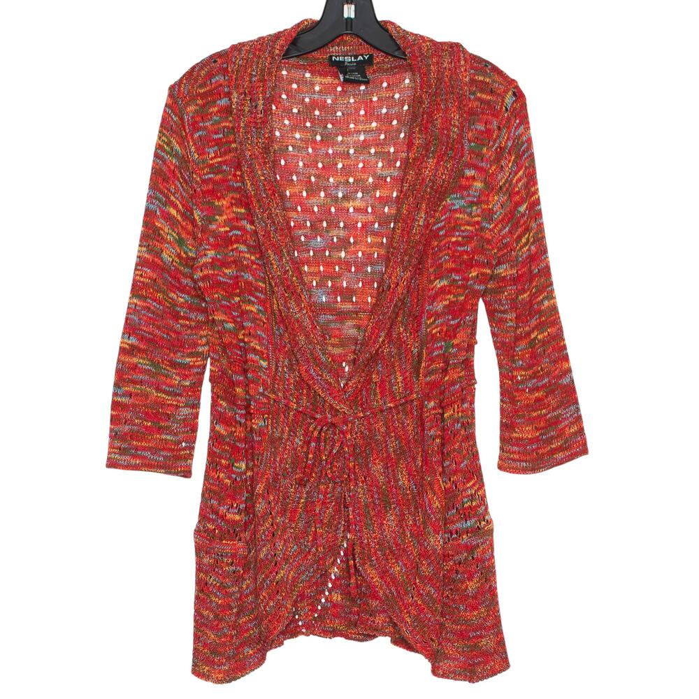 Neslay Paris Cardigan Sweater 3/4 Sleeve Y2K Boho Cottage Coastal Rainbow M/L‎